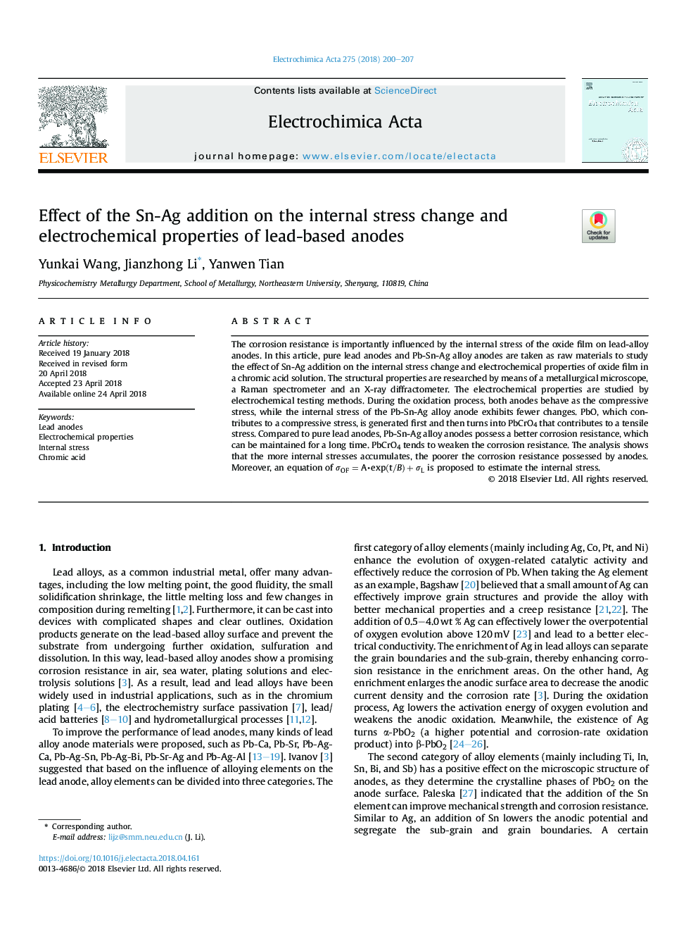 Effect of the Sn-Ag addition on the internal stress change and electrochemical properties of lead-based anodes