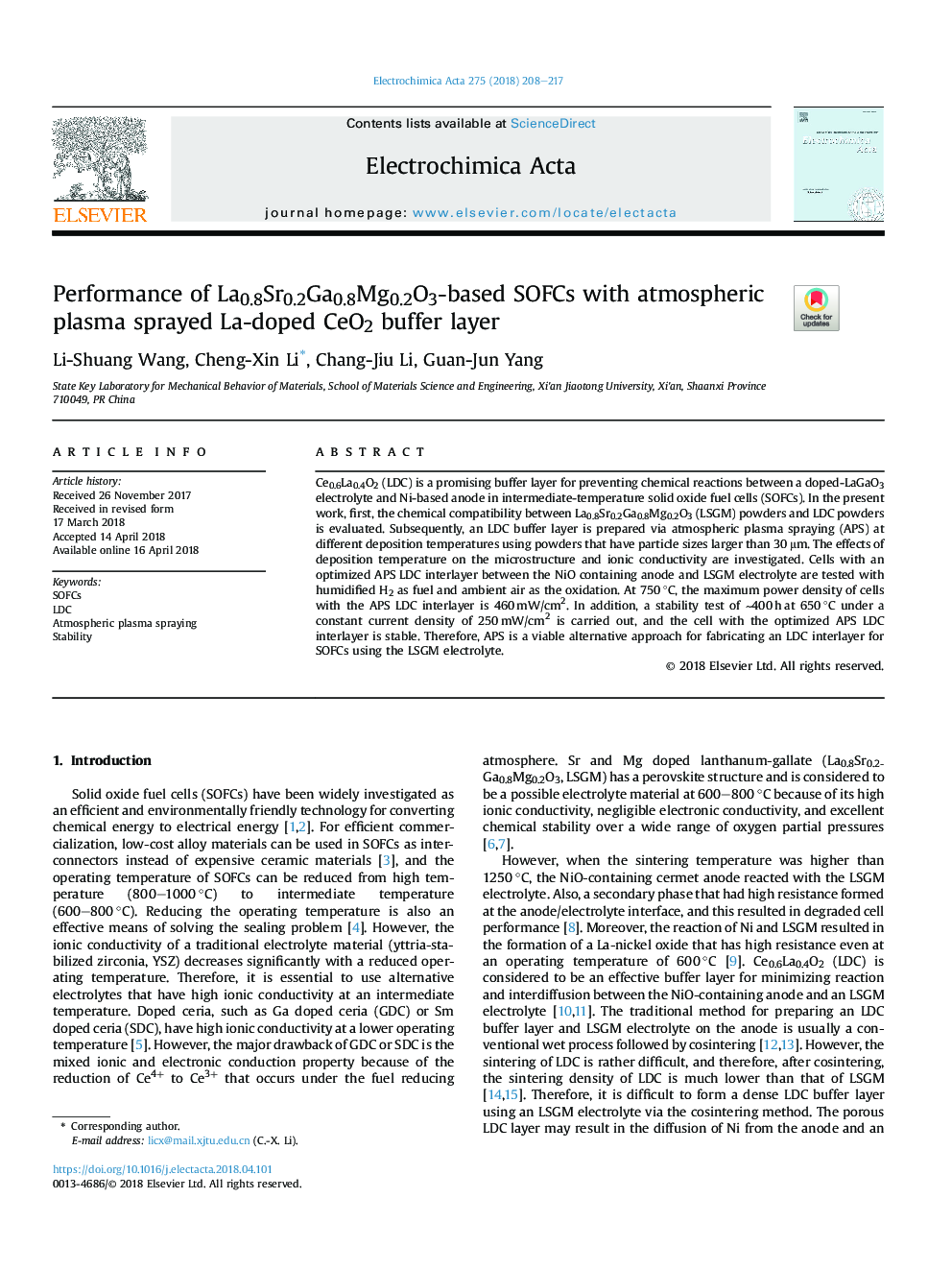 Performance of La0.8Sr0.2Ga0.8Mg0.2O3-based SOFCs with atmospheric plasma sprayed La-doped CeO2 buffer layer