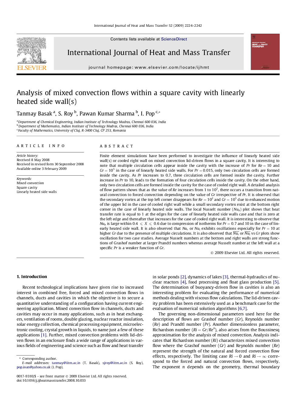 Analysis of mixed convection flows within a square cavity with linearly heated side wall(s)