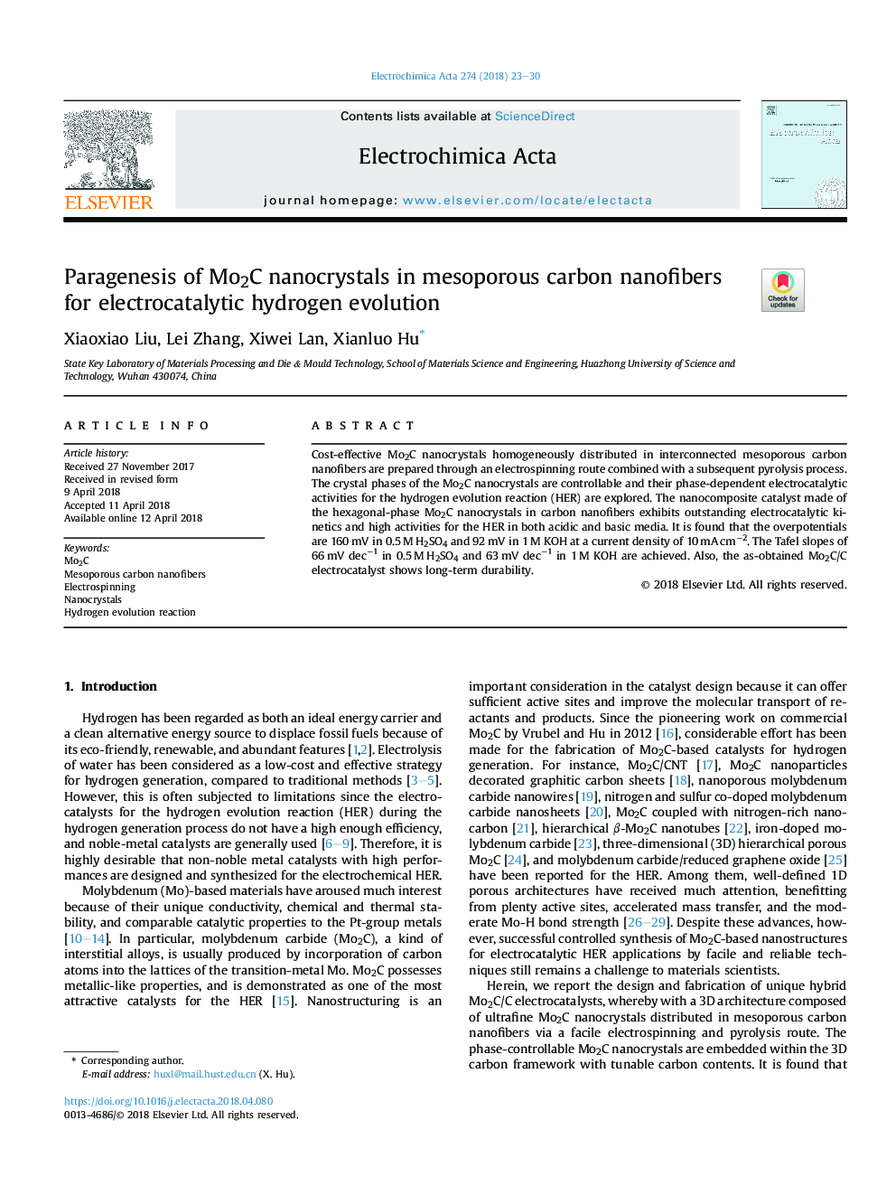 Paragenesis of Mo2C nanocrystals in mesoporous carbon nanofibers for electrocatalytic hydrogen evolution