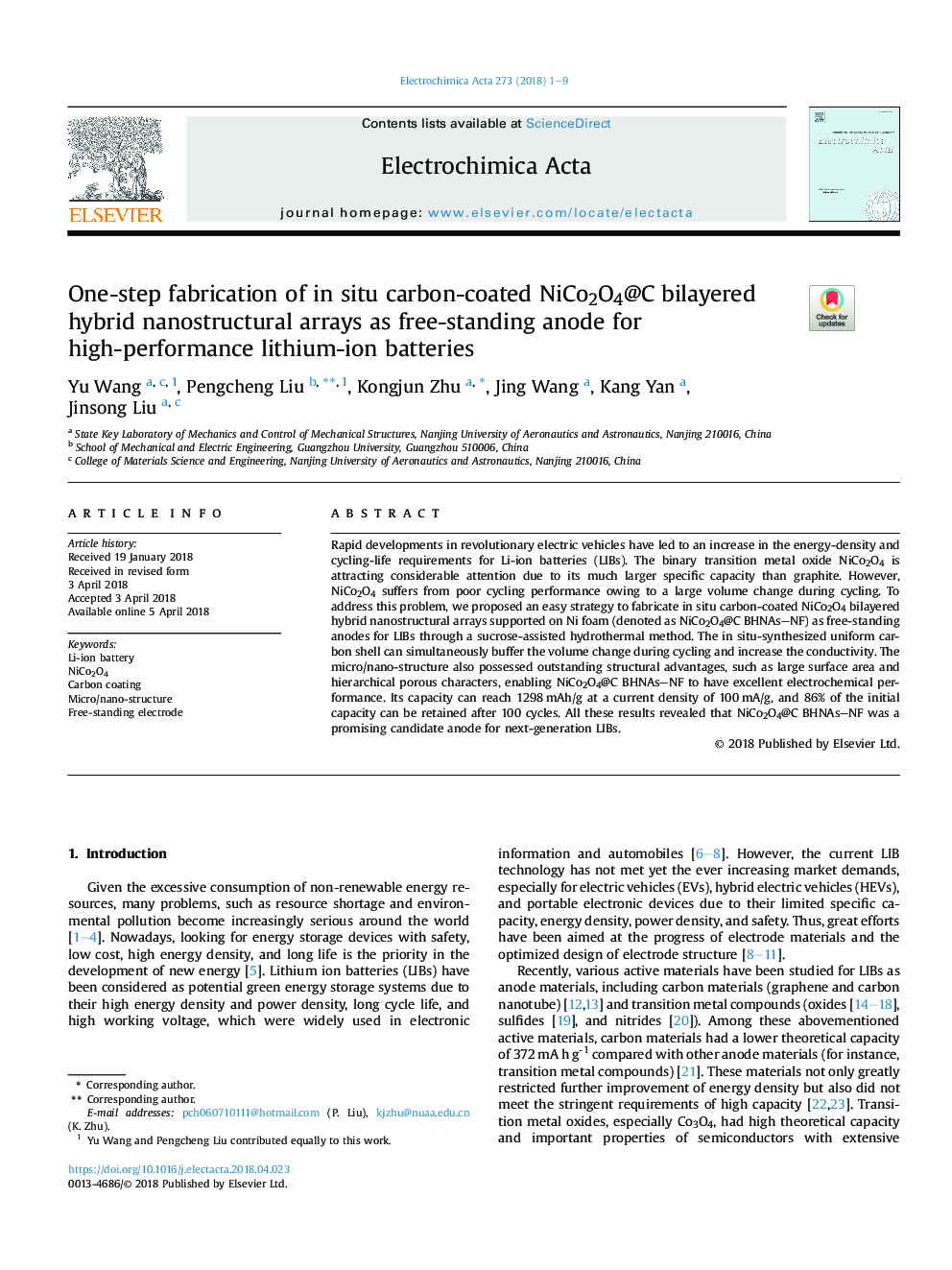 One-step fabrication of in situ carbon-coated NiCo2O4@C bilayered hybrid nanostructural arrays as free-standing anode for high-performance lithium-ion batteries