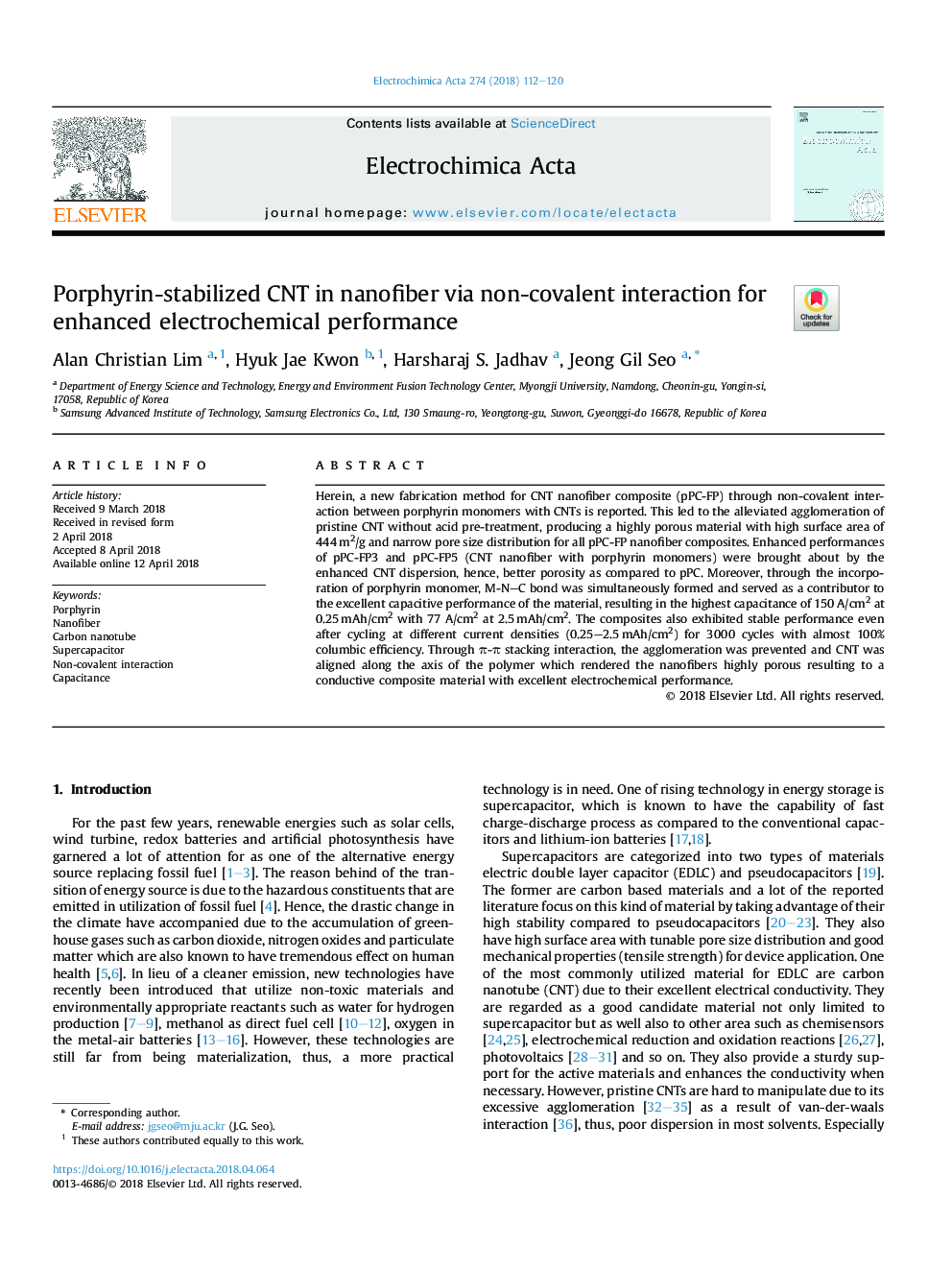 Porphyrin-stabilized CNT in nanofiber via non-covalent interaction for enhanced electrochemical performance