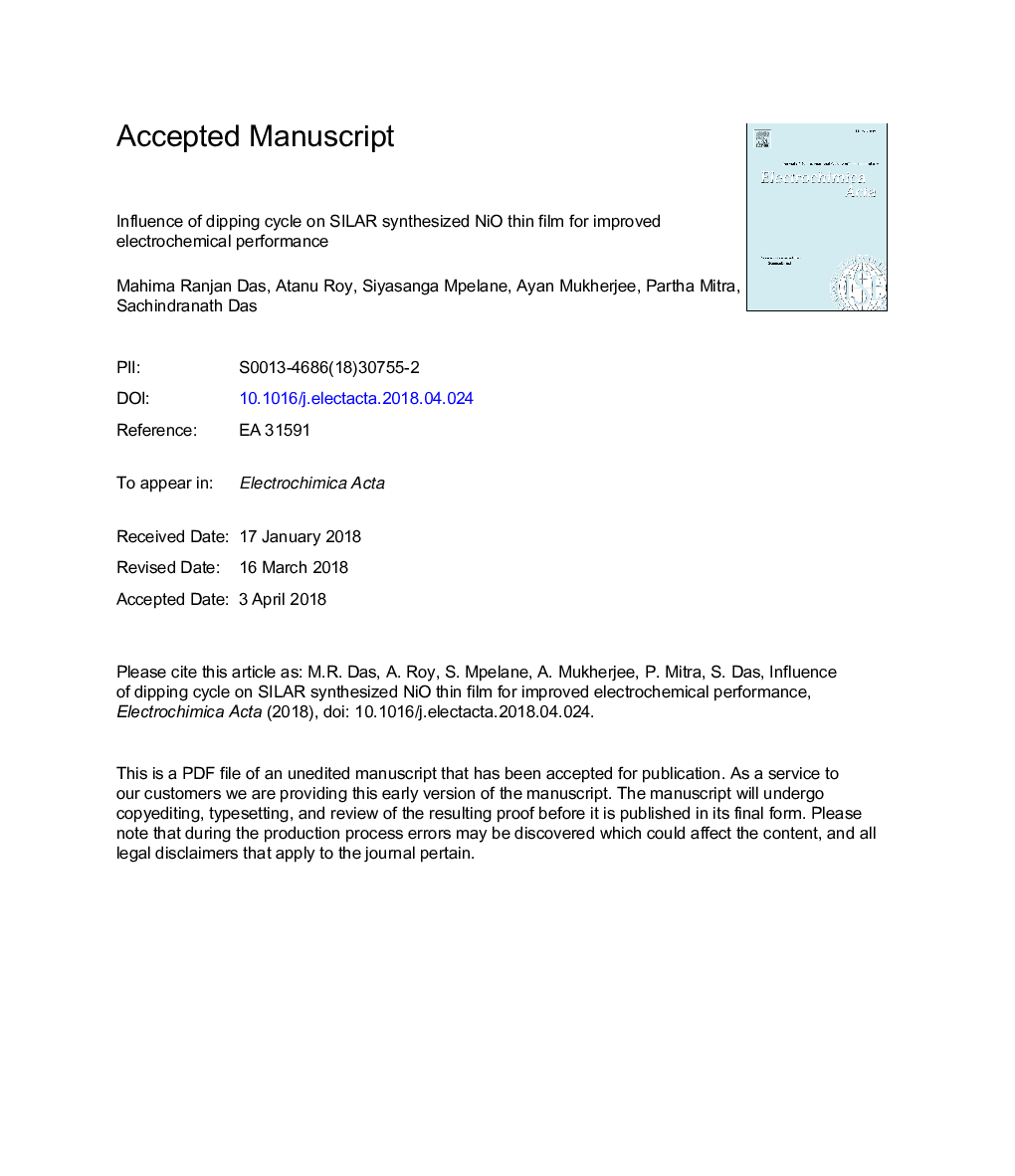 Influence of dipping cycle on SILAR synthesized NiO thin film for improved electrochemical performance