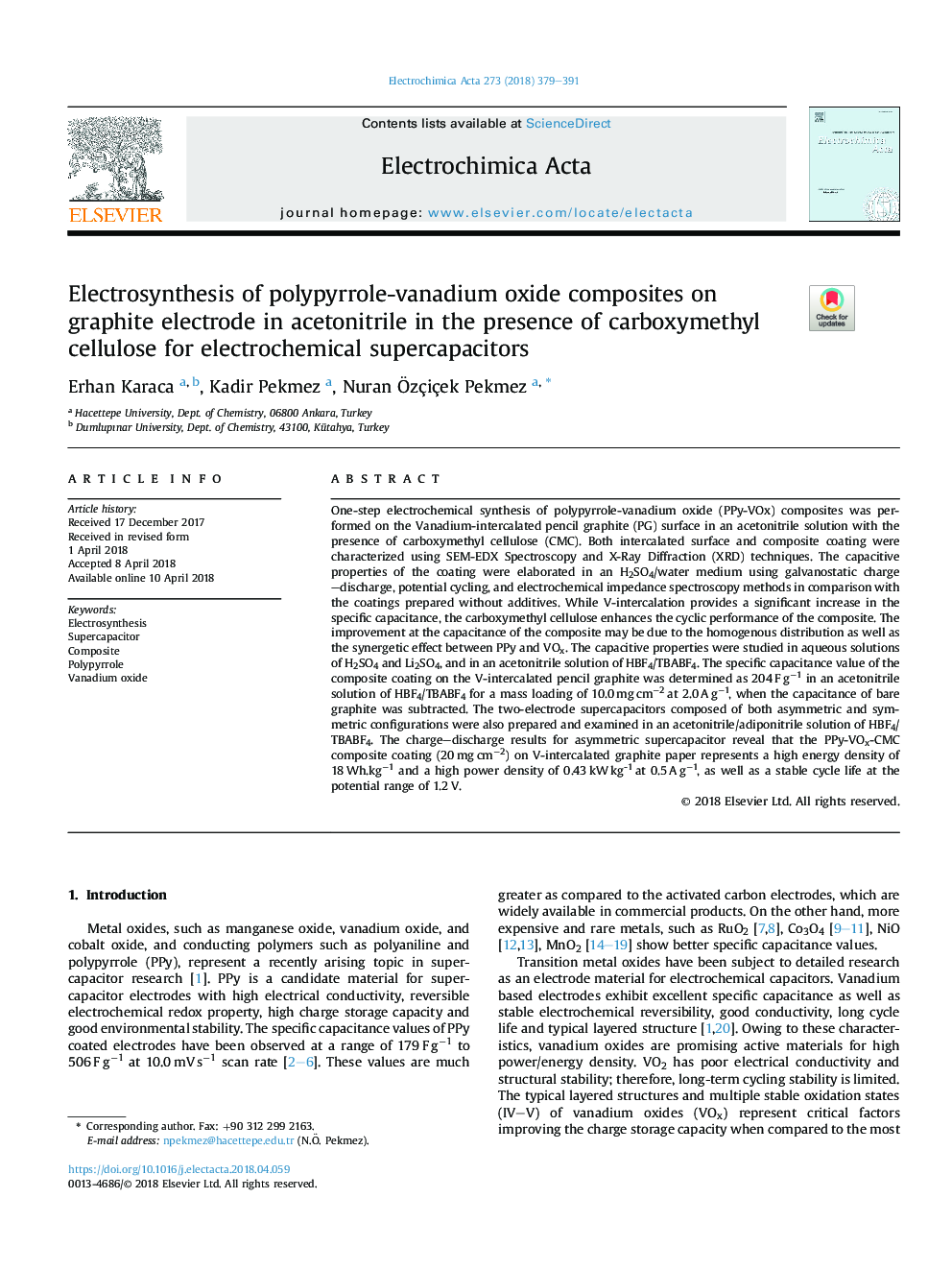 Electrosynthesis of polypyrrole-vanadium oxide composites on graphite electrode in acetonitrile in the presence of carboxymethyl cellulose for electrochemical supercapacitors
