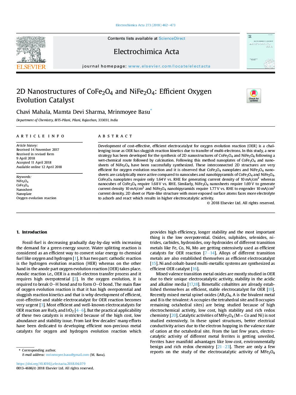 2D Nanostructures of CoFe2O4 and NiFe2O4: Efficient Oxygen Evolution Catalyst