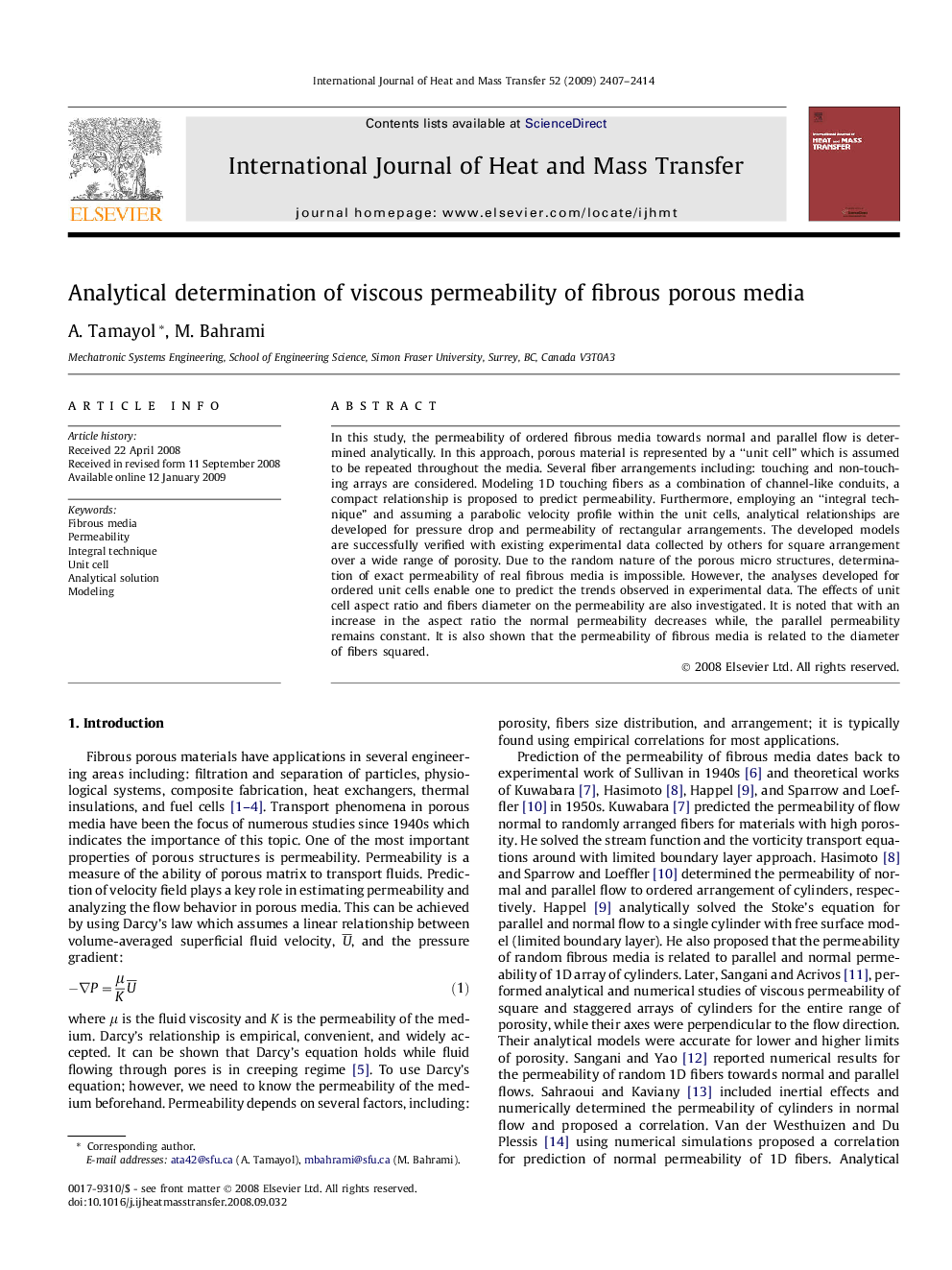 Analytical determination of viscous permeability of fibrous porous media