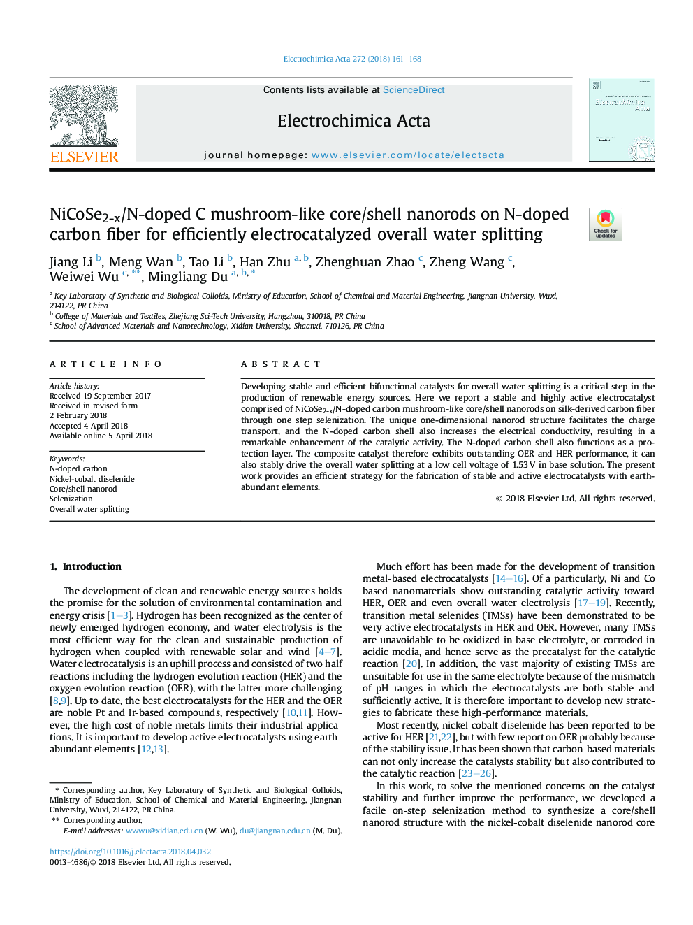 NiCoSe2-x/N-doped C mushroom-like core/shell nanorods on N-doped carbon fiber for efficiently electrocatalyzed overall water splitting