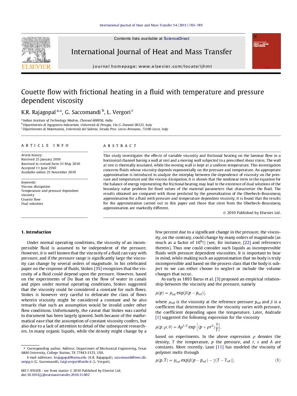 Couette flow with frictional heating in a fluid with temperature and pressure dependent viscosity