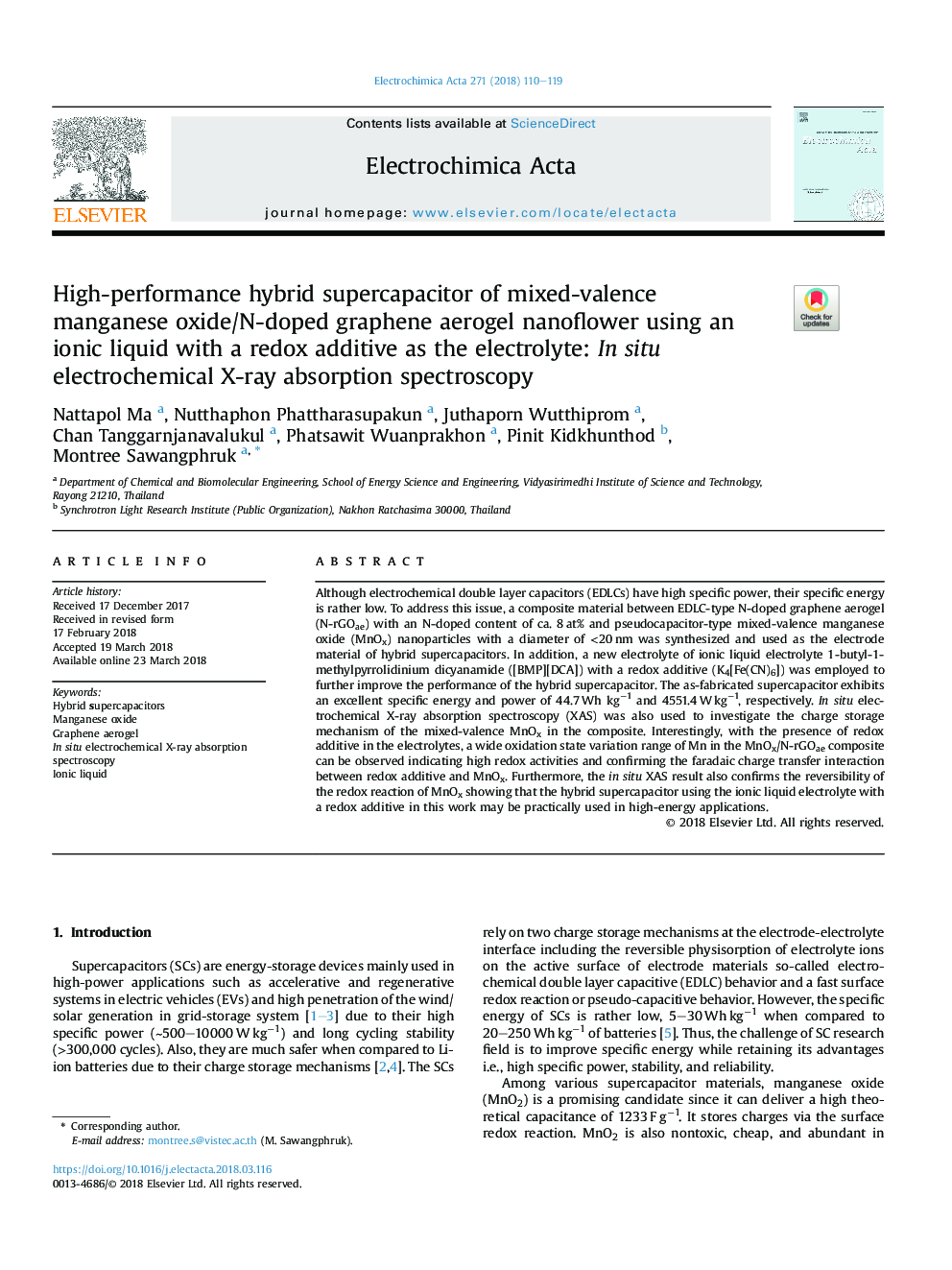 High-performance hybrid supercapacitor of mixed-valence manganese oxide/N-doped graphene aerogel nanoflower using an ionic liquid with a redox additive as the electrolyte: In situ electrochemical X-ray absorption spectroscopy