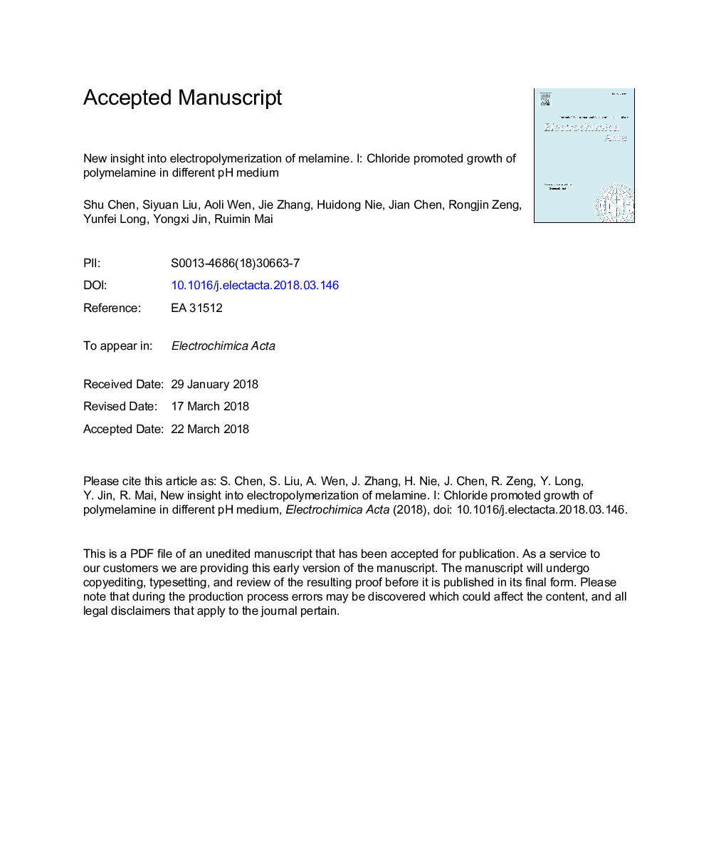 New insight into electropolymerization of melamine. I: Chloride promoted growth of polymelamine in different pH medium