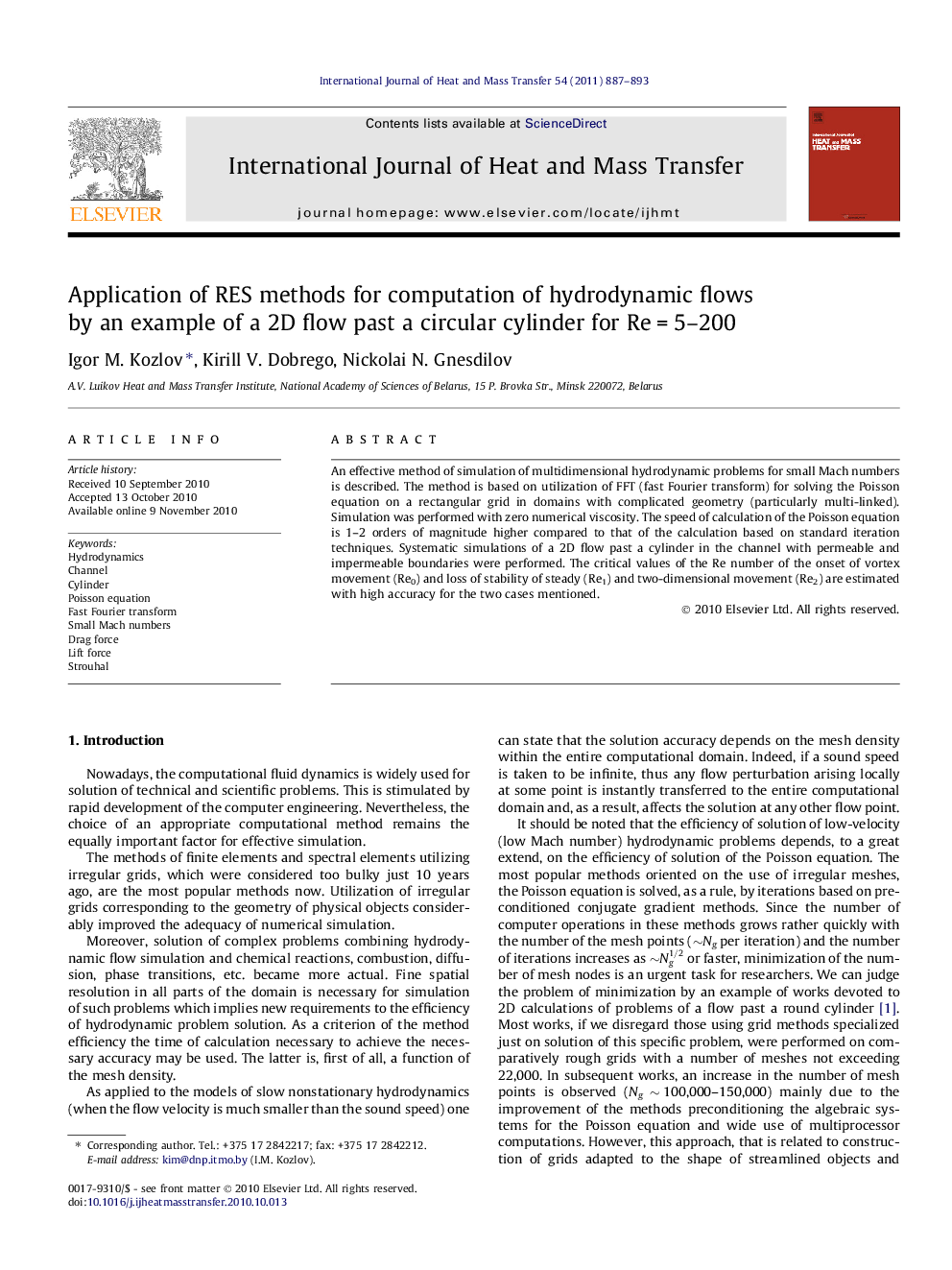 Application of RES methods for computation of hydrodynamic flows by an example of a 2D flow past a circular cylinder for Re = 5–200