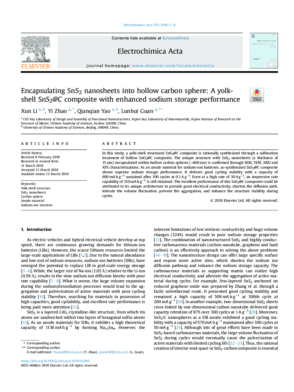 عکس صفحه اول مقاله: Encapsulating SnS2 nanosheets into hollow carbon sphere: A yolk-shell SnS2@C composite with enhanced sodium storage performance Encapsulating SnS2 nanosheets into hollow carbon sphere: A yolk-shell SnS2@C composite with enhanced sodium storage performance
