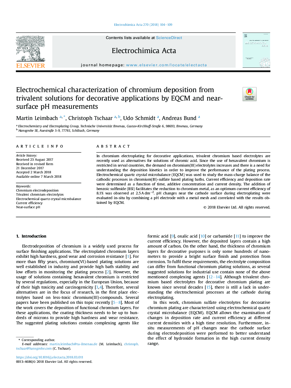 Electrochemical characterization of chromium deposition from trivalent solutions for decorative applications by EQCM and near-surface pH measurements