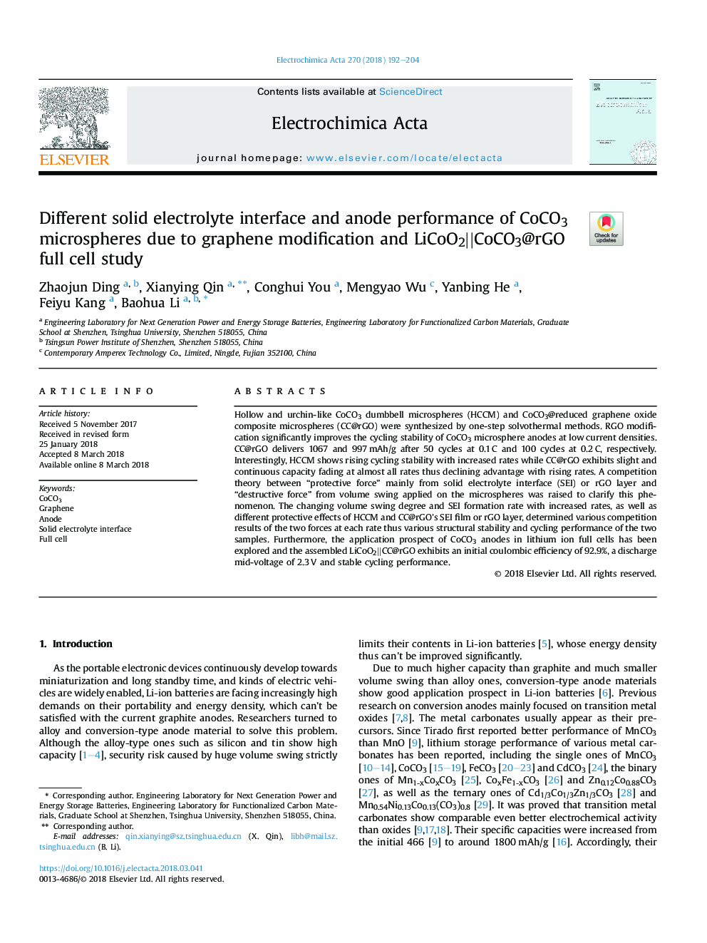 Different solid electrolyte interface and anode performance of CoCO3 microspheres due to graphene modification and LiCoO2||CoCO3@rGO full cell study