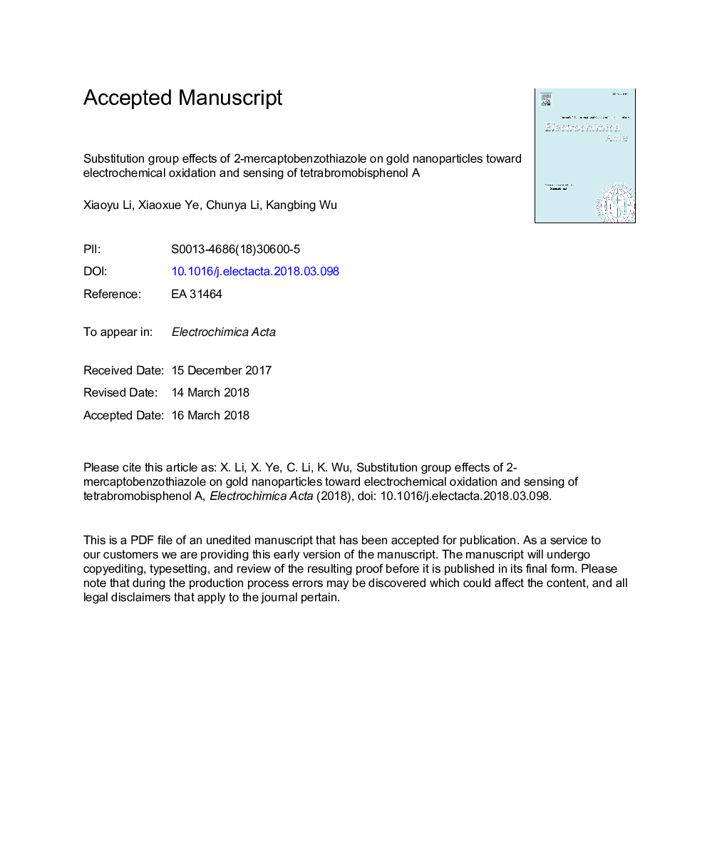 Substitution group effects of 2-mercaptobenzothiazole on gold nanoparticles toward electrochemical oxidation and sensing of tetrabromobisphenol A