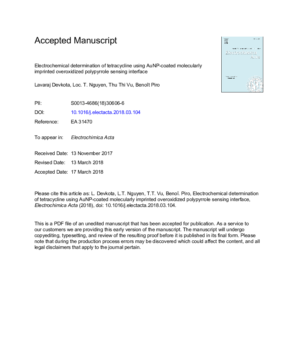 Electrochemical determination of tetracycline using AuNP-coated molecularly imprinted overoxidized polypyrrole sensing interface