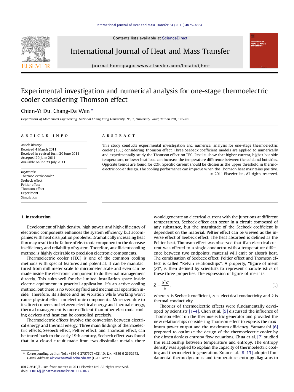 Experimental investigation and numerical analysis for one-stage thermoelectric cooler considering Thomson effect