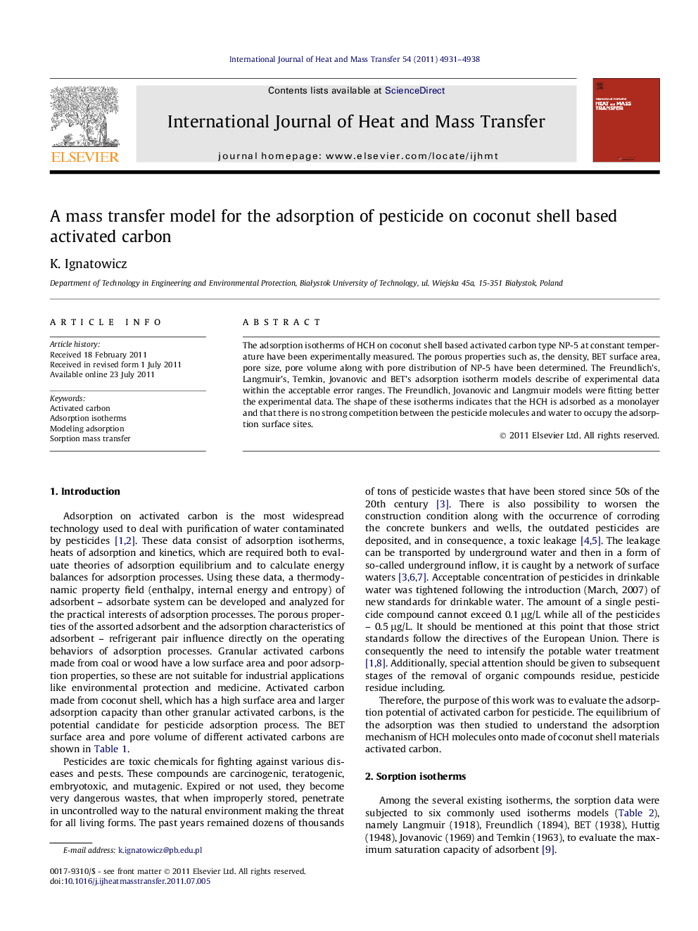 A mass transfer model for the adsorption of pesticide on coconut shell based activated carbon