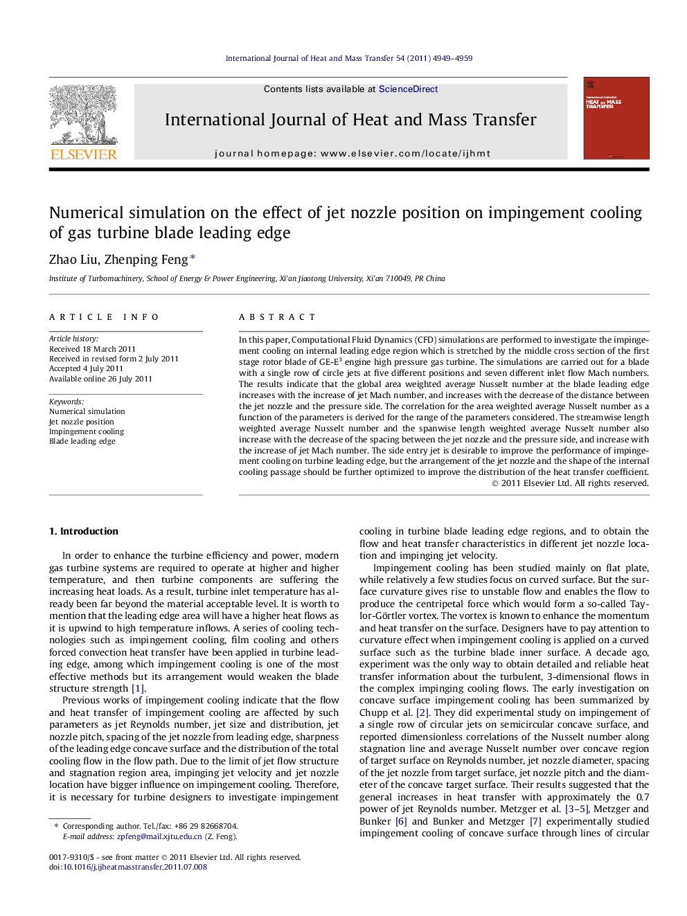 Numerical simulation on the effect of jet nozzle position on impingement cooling of gas turbine blade leading edge