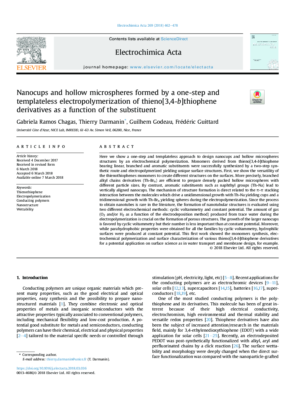 Nanocups and hollow microspheres formed by a one-step and templateless electropolymerization of thieno[3,4-b]thiophene derivatives as a function of the substituent