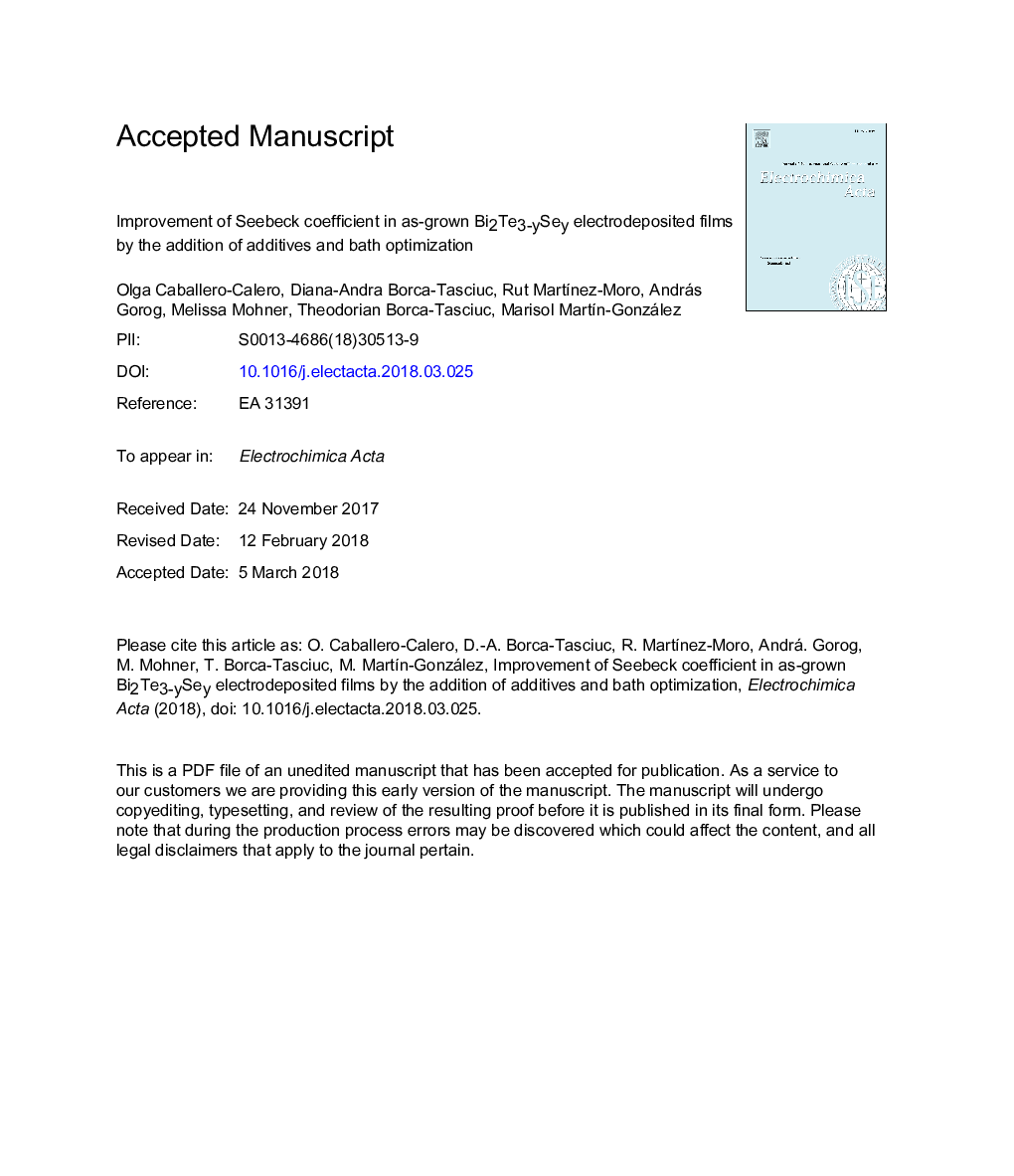 Improvement of Seebeck coefficient in as-grown Bi2Te3-ySey electrodeposited films by the addition of additives and bath optimization