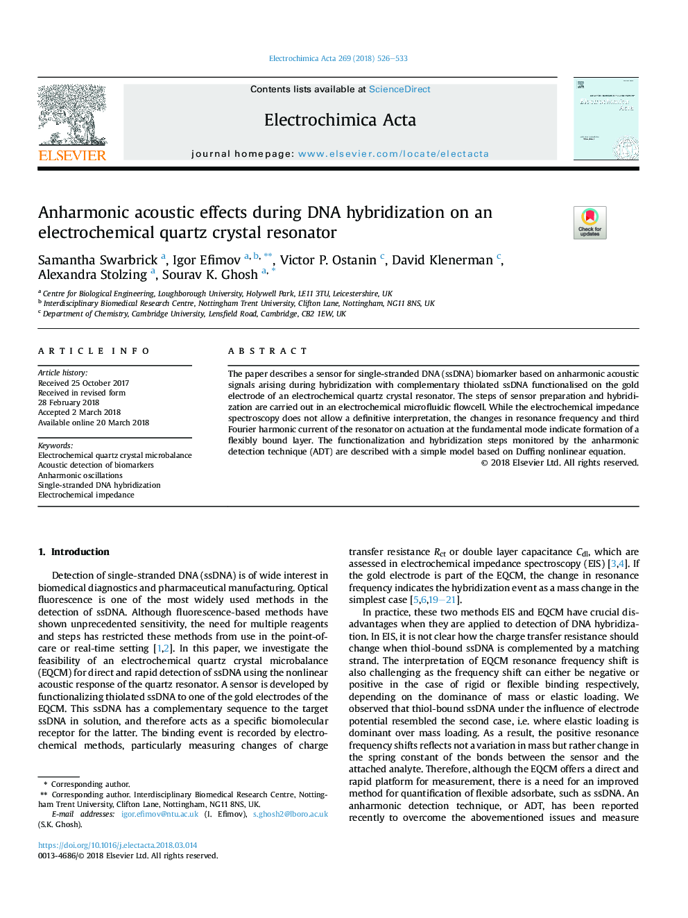 Anharmonic acoustic effects during DNA hybridization on an electrochemical quartz crystal resonator