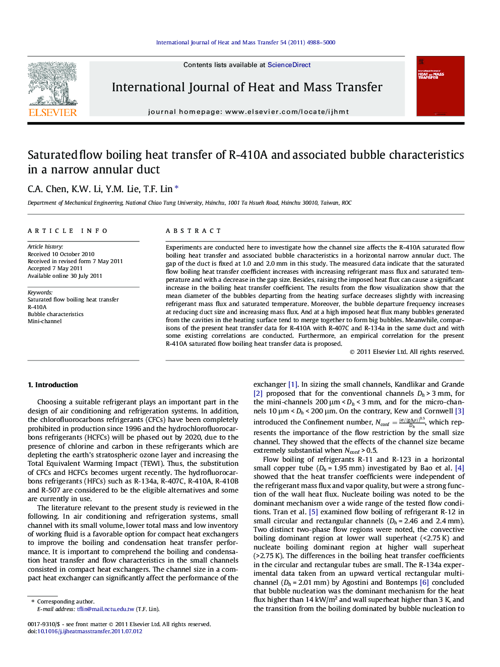 Saturated flow boiling heat transfer of R-410A and associated bubble characteristics in a narrow annular duct