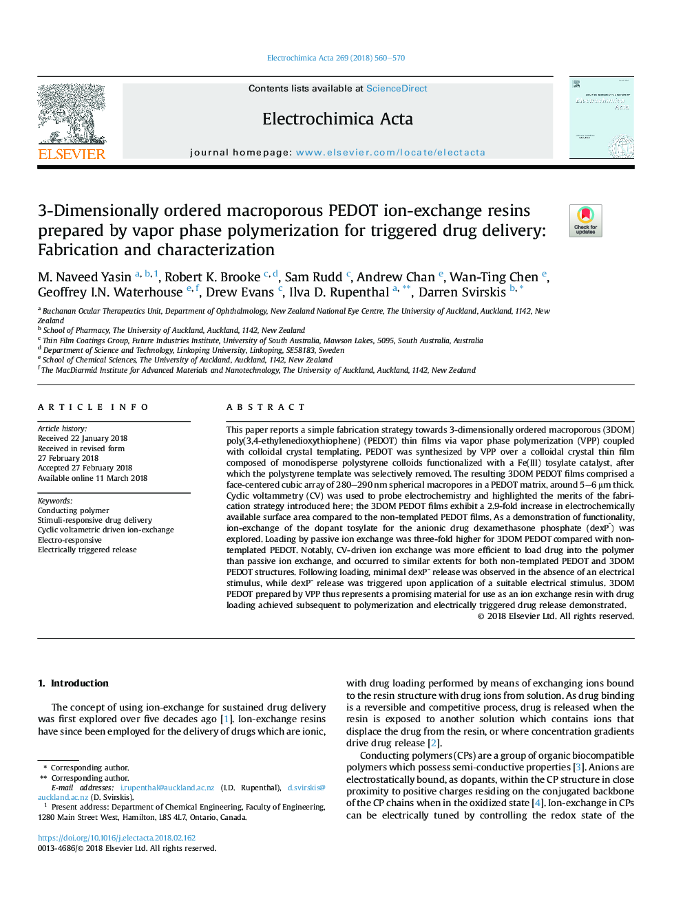 3-Dimensionally ordered macroporous PEDOT ion-exchange resins prepared by vapor phase polymerization for triggered drug delivery: Fabrication and characterization