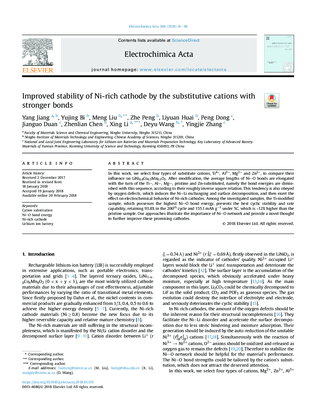 Improved stability of Ni-rich cathode by the substitutive cations with stronger bonds