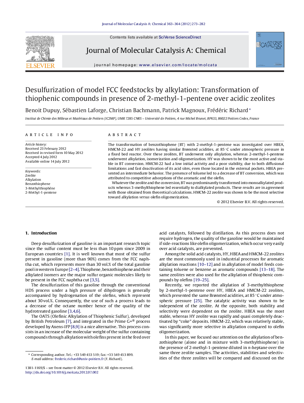 Desulfurization of model FCC feedstocks by alkylation: Transformation of thiophenic compounds in presence of 2-methyl-1-pentene over acidic zeolites