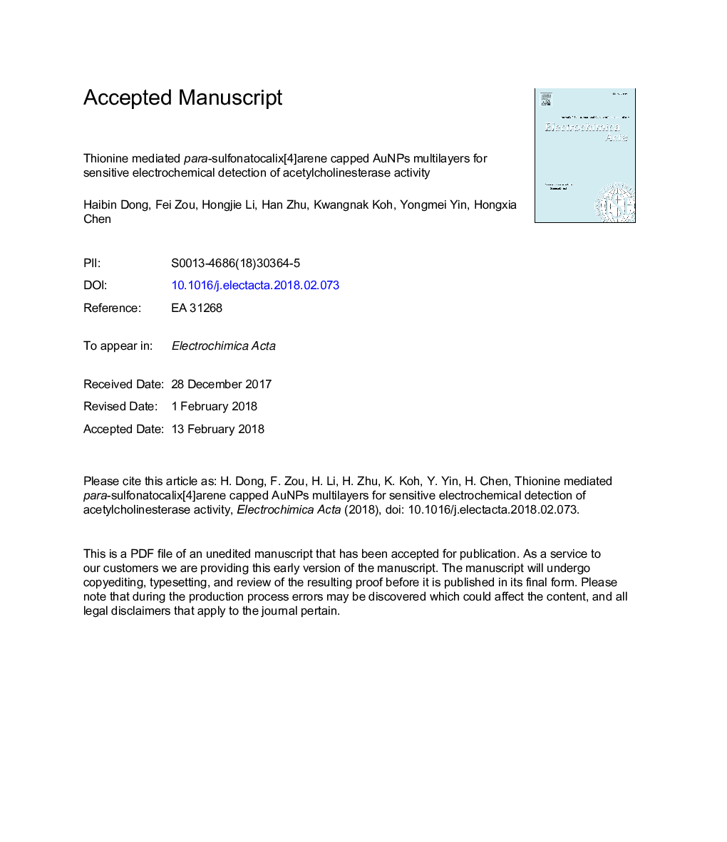 Thionine mediated para-sulfonatocalix[4]arene capped AuNPs multilayers for sensitive electrochemical detection of acetylcholinesterase activity