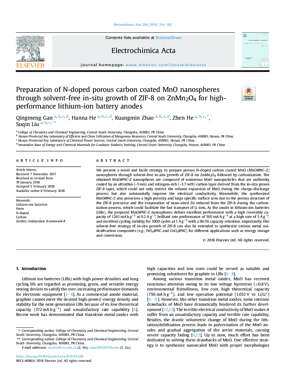 Preparation of N-doped porous carbon coated MnO nanospheres through solvent-free in-situ growth of ZIF-8 on ZnMn2O4 for high-performance lithium-ion battery anodes