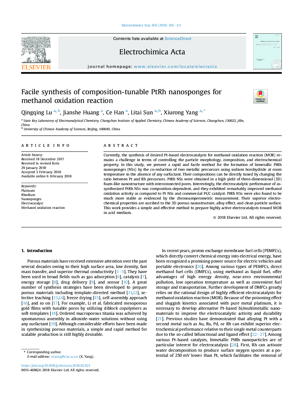 Facile synthesis of composition-tunable PtRh nanosponges for methanol oxidation reaction