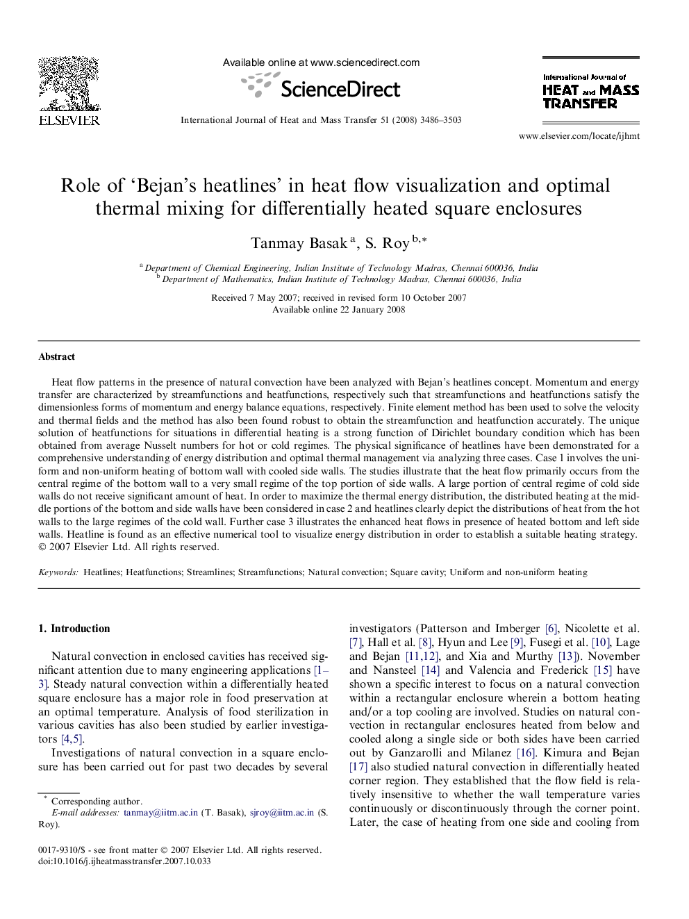 Role of ‘Bejan’s heatlines’ in heat flow visualization and optimal thermal mixing for differentially heated square enclosures