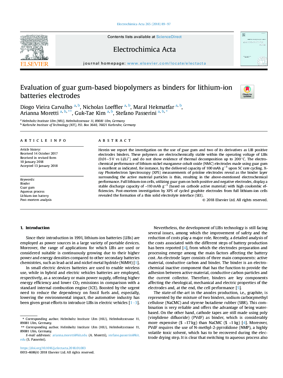 Evaluation of guar gum-based biopolymers as binders for lithium-ion batteries electrodes