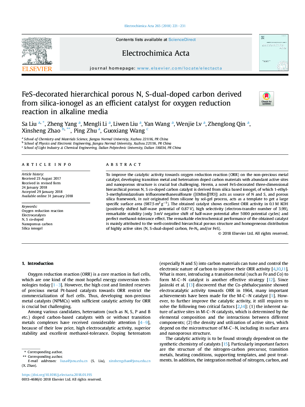 FeS-decorated hierarchical porous N, S-dual-doped carbon derived from silica-ionogel as an efficient catalyst for oxygen reduction reaction in alkaline media