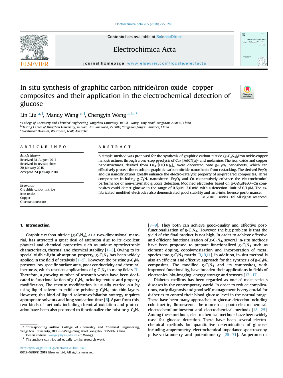 In-situ synthesis of graphitic carbon nitride/iron oxideâcopper composites and their application in the electrochemical detection of glucose