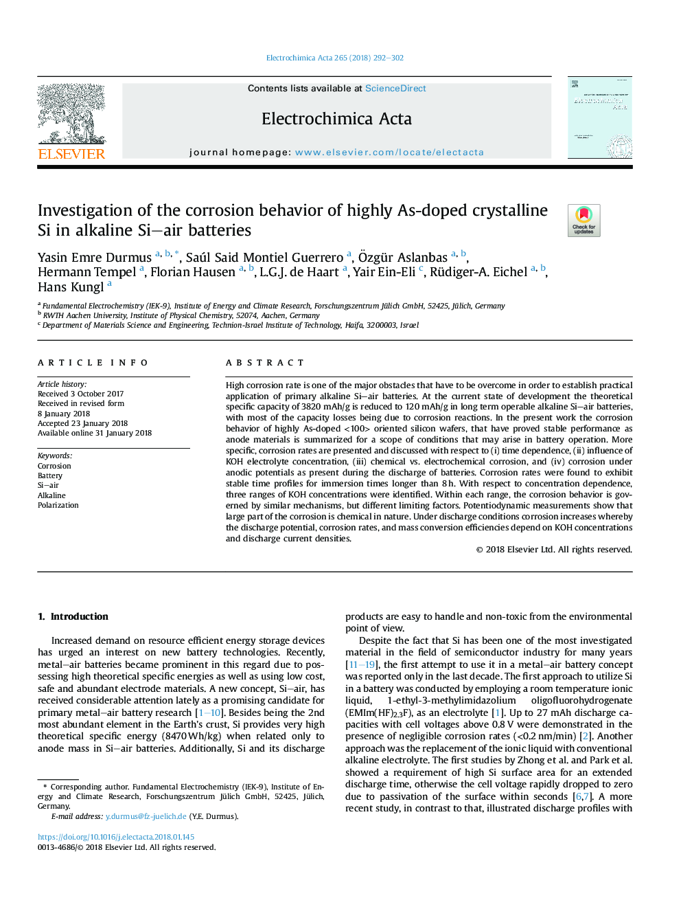 عکس صفحه اول مقاله: Investigation of the corrosion behavior of highly As-doped crystalline Si in alkaline Si-air batteries Investigation of the corrosion behavior of highly As-doped crystalline Si in alkaline Si-air batteries