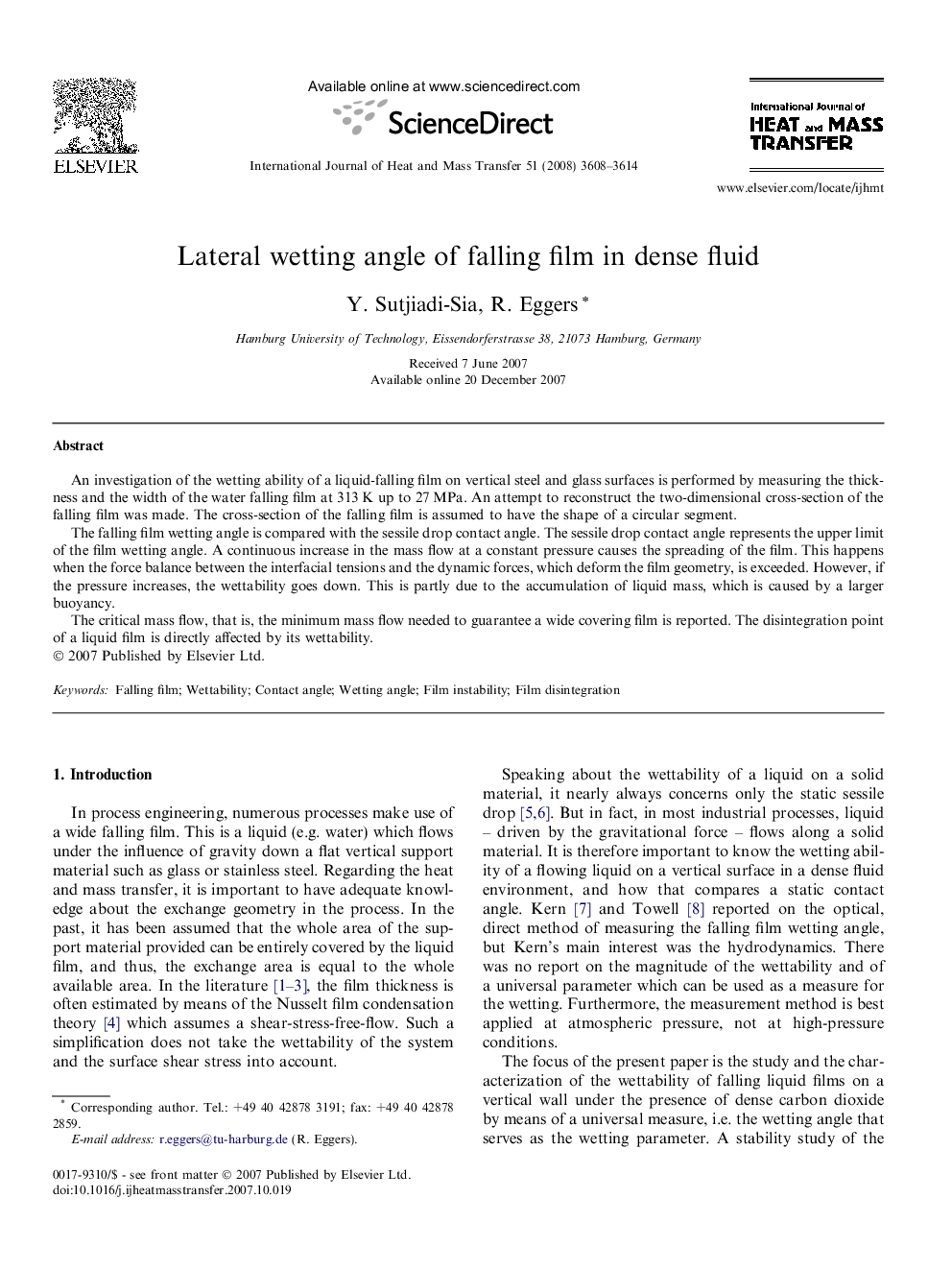 Lateral wetting angle of falling film in dense fluid