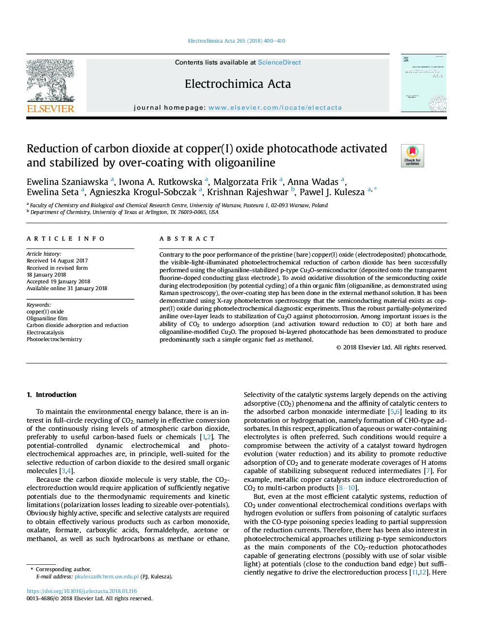 Reduction of carbon dioxide at copper(I) oxide photocathode activated and stabilized by over-coating with oligoaniline