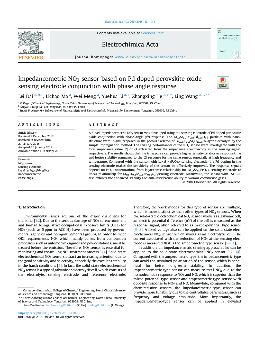 Impedancemetric NO2 sensor based on Pd doped perovskite oxide sensing electrode conjunction with phase angle response