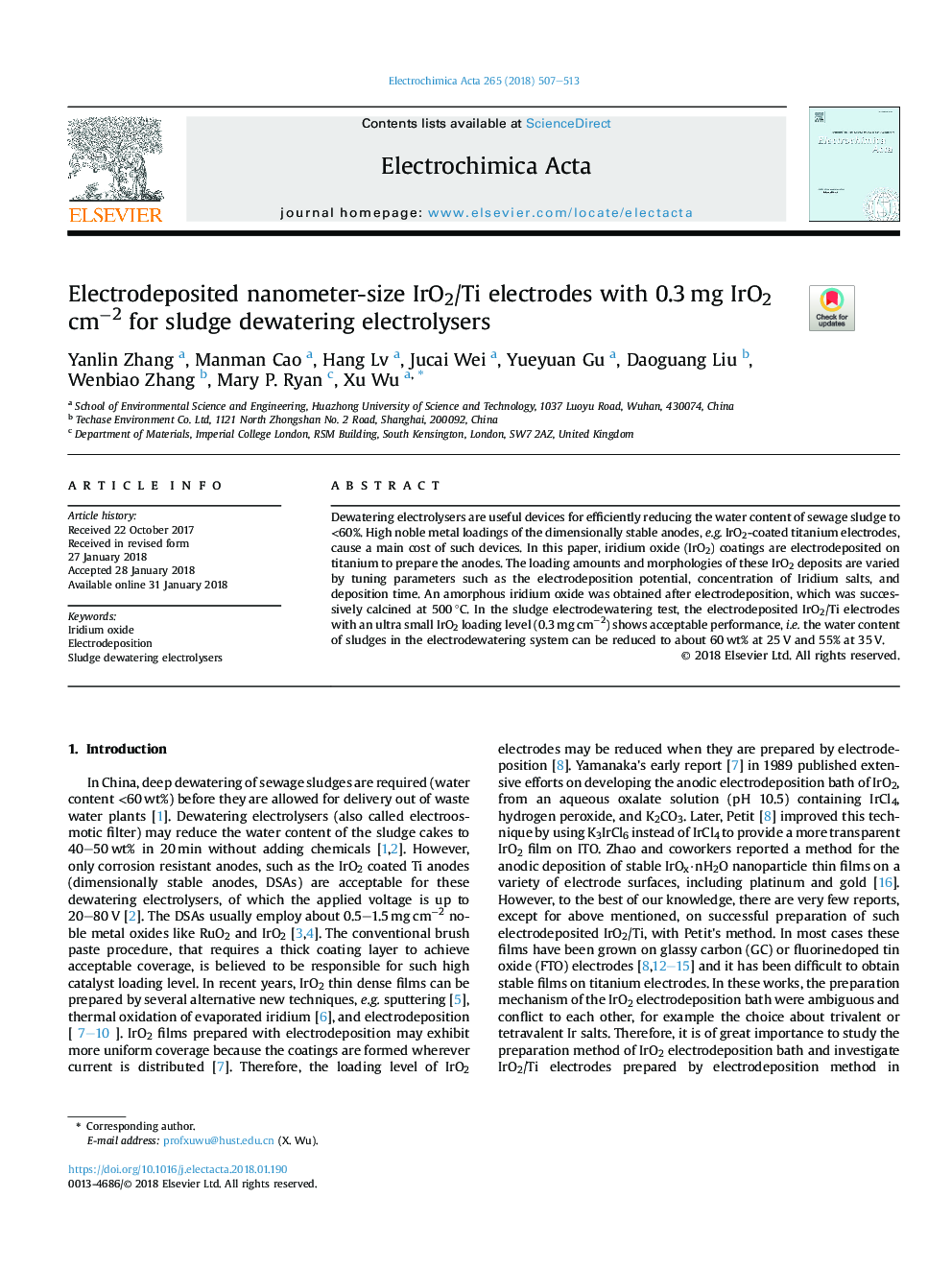 Electrodeposited nanometer-size IrO2/Ti electrodes with 0.3â¯mg IrO2 cmâ2 for sludge dewatering electrolysers