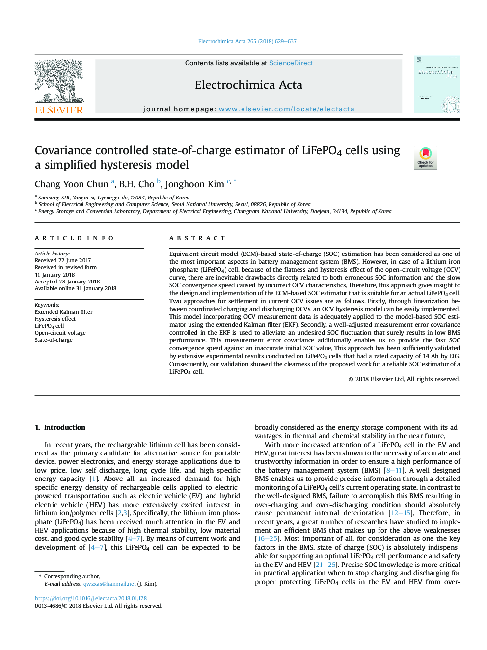 Covariance controlled state-of-charge estimator of LiFePO4 cells using a simplified hysteresis model