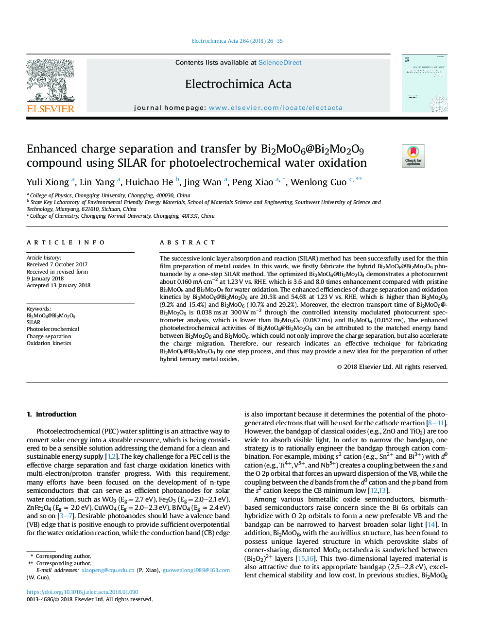 Enhanced charge separation and transfer by Bi2MoO6@Bi2Mo2O9 compound using SILAR for photoelectrochemical water oxidation