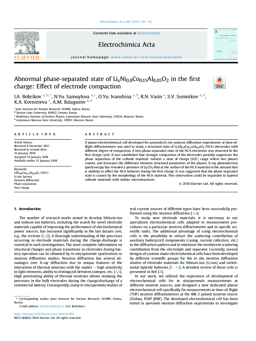 عکس صفحه اول مقاله: Abnormal phase-separated state of LixNi0.8Co0.15Al0.05O2 in the first charge: Effect of electrode compaction Abnormal phase-separated state of LixNi0.8Co0.15Al0.05O2 in the first charge: Effect of electrode compaction