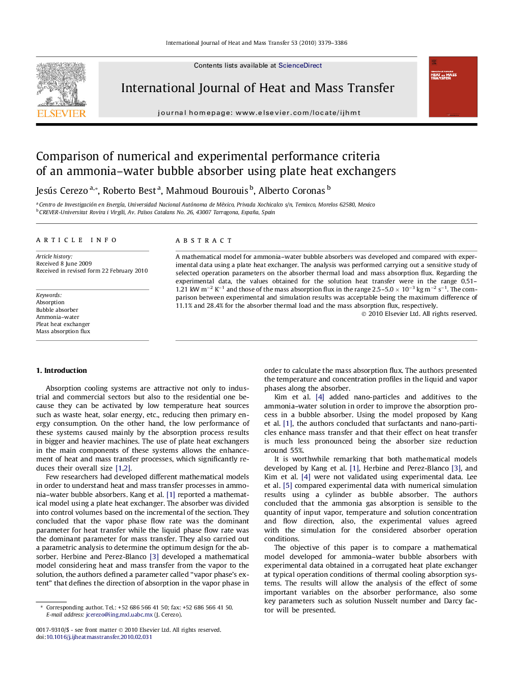 Comparison of numerical and experimental performance criteria of an ammonia–water bubble absorber using plate heat exchangers