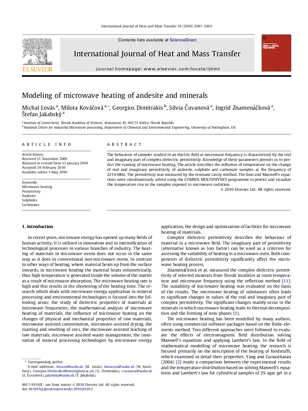 Modeling of microwave heating of andesite and minerals