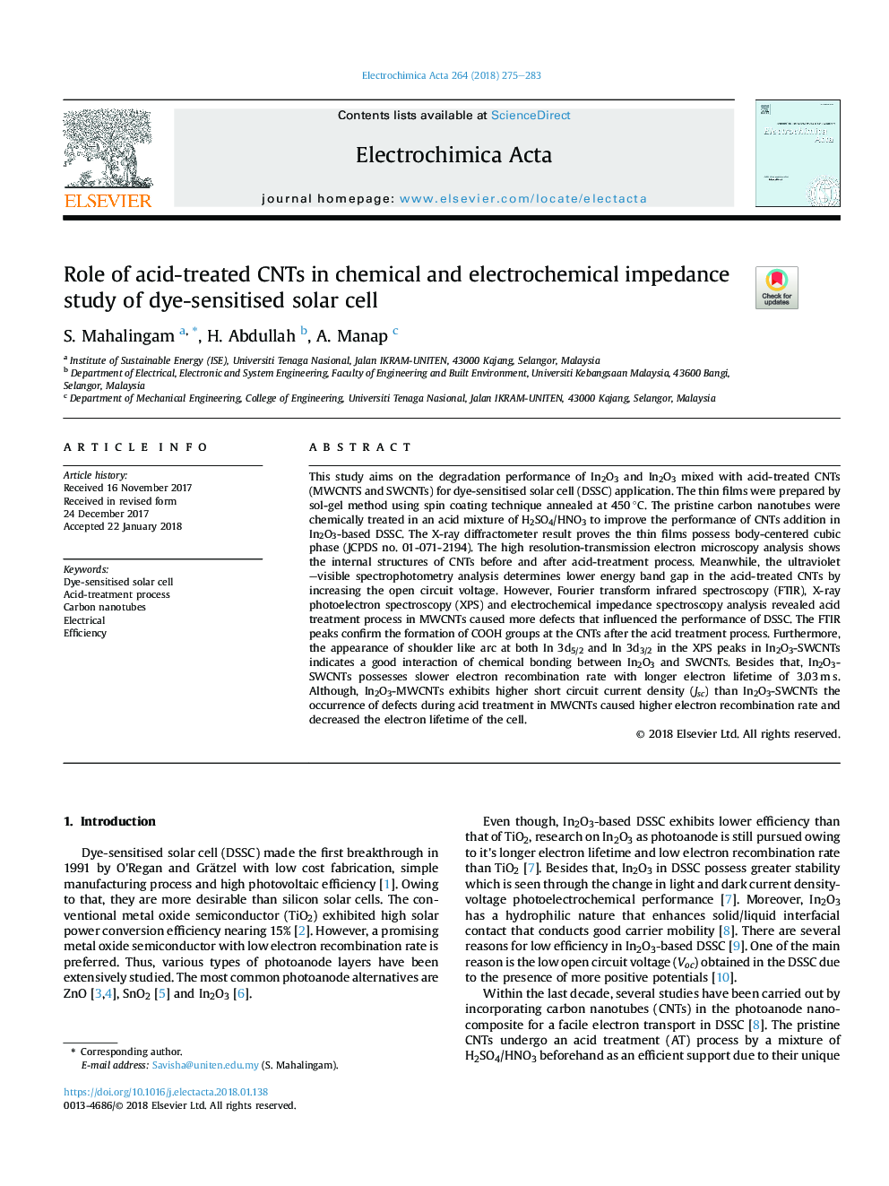 Role of acid-treated CNTs in chemical and electrochemical impedance study of dye-sensitised solar cell