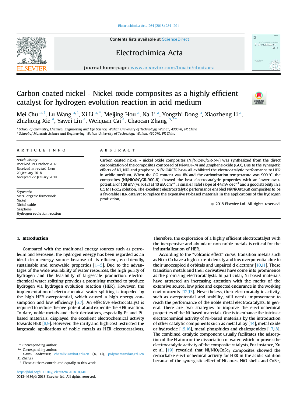 Carbon coated nickel - Nickel oxide composites as a highly efficient catalyst for hydrogen evolution reaction in acid medium