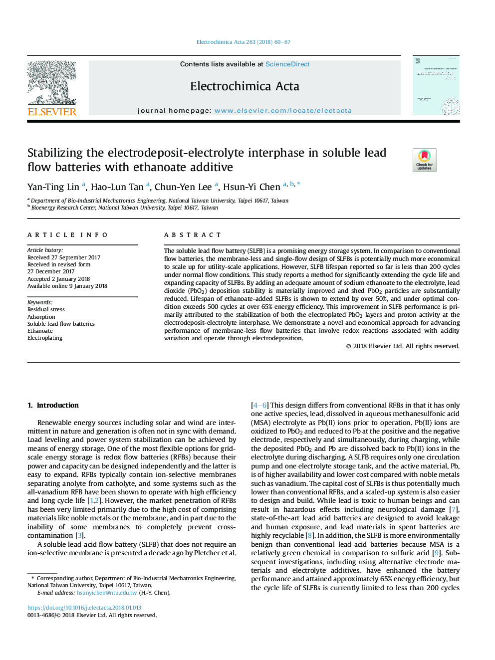 Stabilizing the electrodeposit-electrolyte interphase in soluble lead flow batteries with ethanoate additive